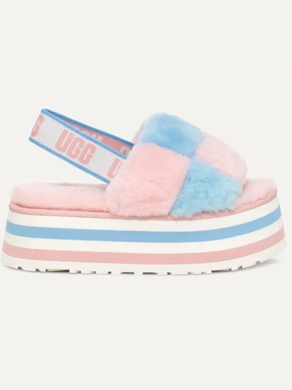 UGG Pink & Blue Faux-Fur Platform Slingback Sandal